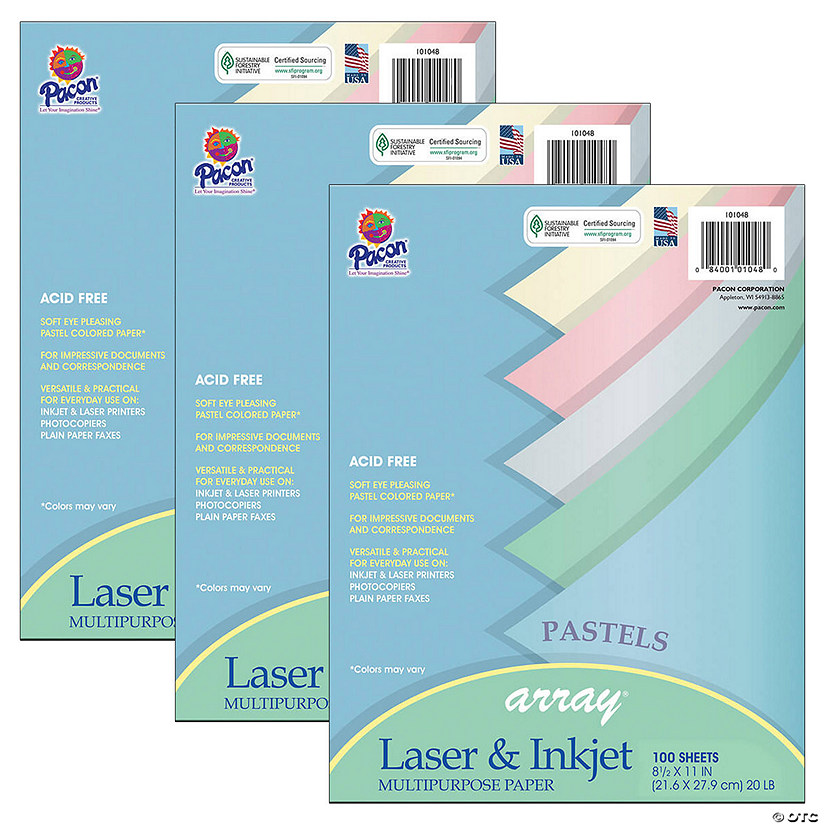 Pacon Pastel Multipurpose Paper Array, 8-1/2" x 11", 100 Sheets Per Pack, 3 Packs Image
