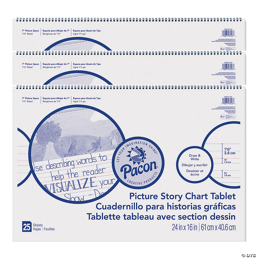 Pacon Picture Story Chart Tablet, White, Ruled Long, 1-1/2" Ruled, 24" x 16", 25 Sheets, Pack of 3 Image