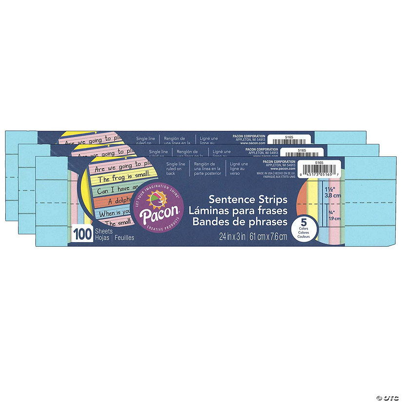 Pacon Sentence Strips, 5 Assorted Colors, 1-1/2" Ruled, 3" x 24", 100 Strips Per Pack, 3 Packs Image