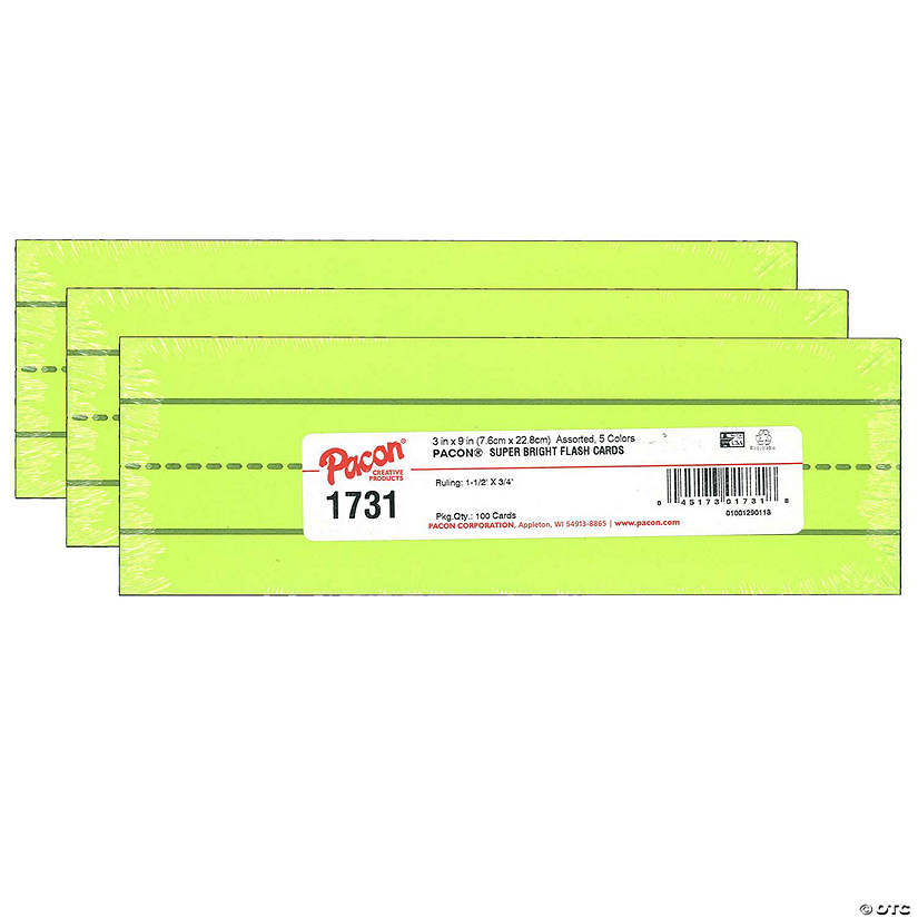 Pacon Super Bright Flash Cards, 5 Assorted Colors, 1.5" x 0.75" Ruled 3" x 9", 100 Cards Per Pack, 3 Packs Image