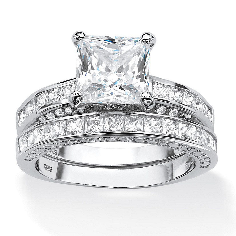 PalmBeach Jewelry Platinum-plated Sterling Silver Princess Cut Cubic Zirconia Bridal Ring Set Sizes 6-10 Size 7 Image