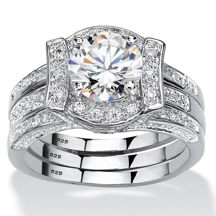 PalmBeach Jewelry Platinum-plated Sterling Silver Round Cubic Zirconia Jacket Bridal Ring Set Sizes 5-10 Size 10 Image