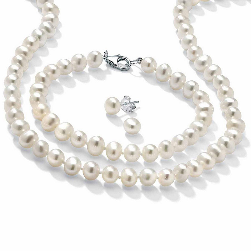 PalmBeach Jewelry Sterling Silver Genuine Cultured Freshwater Pearl Necklace, Bracelet and Earring Set, Lobster Claw Clasp, 18 inches Size Image