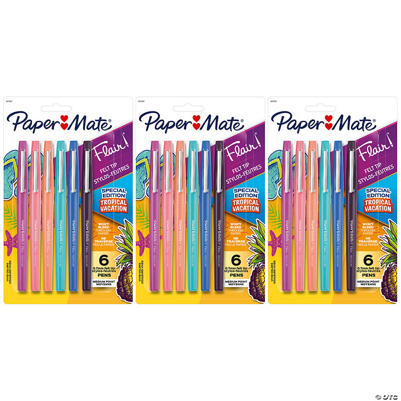 Paper Mate Flair Felt Tip Pens, Medium Point (0.7mm), Tropical Colors, 6 Per Pack, 3 Packs Image