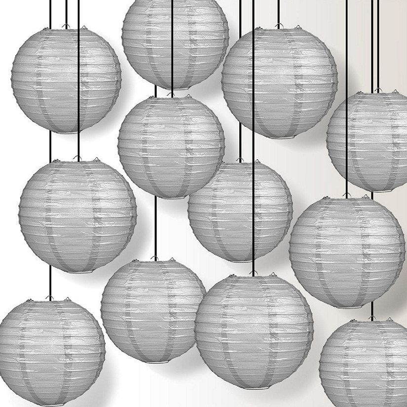 PaperLanternStore 12 PACK Silver Even Ribbing Round Paper Lantern Combo Set Image