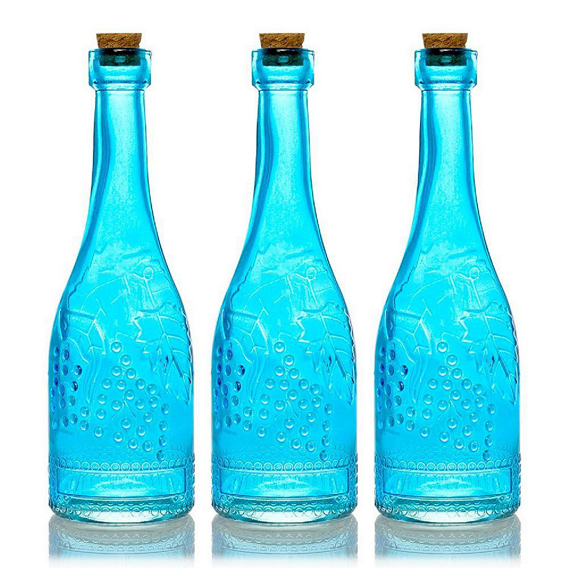 PaperLanternStore 3 Pack 6.6" Stella Turquoise Vintage Glass Bottle with Cork - DIY Wedding Flower Bud Vases Image