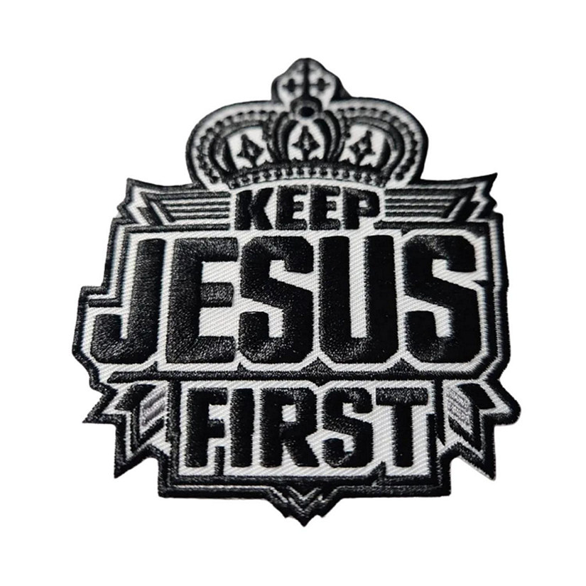 Patch Party Club &amp;#8482; Size 4", Black &amp; White, Keep Jesus First, Iron-on Embroidered Patch Image