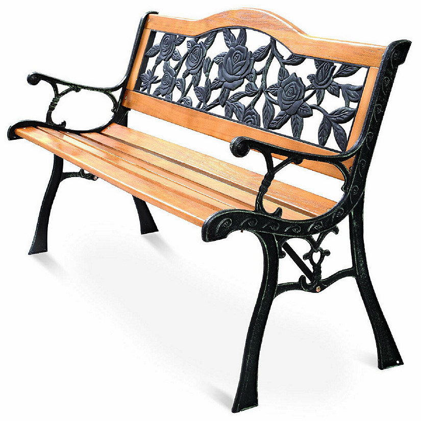 Patio Park Garden Bench Porch Path Chair Furniture Cast Iron Hardwood Image