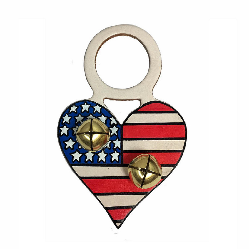 Patriotic Heart Red White Blue Leather Sleigh Bell Door Knob Hanger Made in USA Image