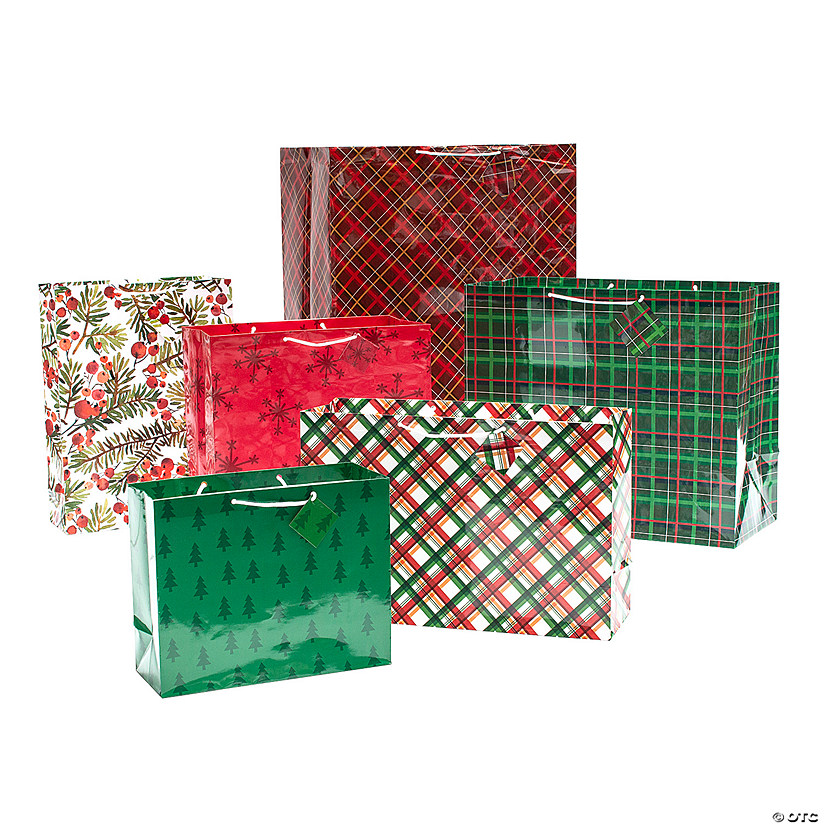 Patterned Christmas Paper Gift Bags with Tags - 6 Pc. Image
