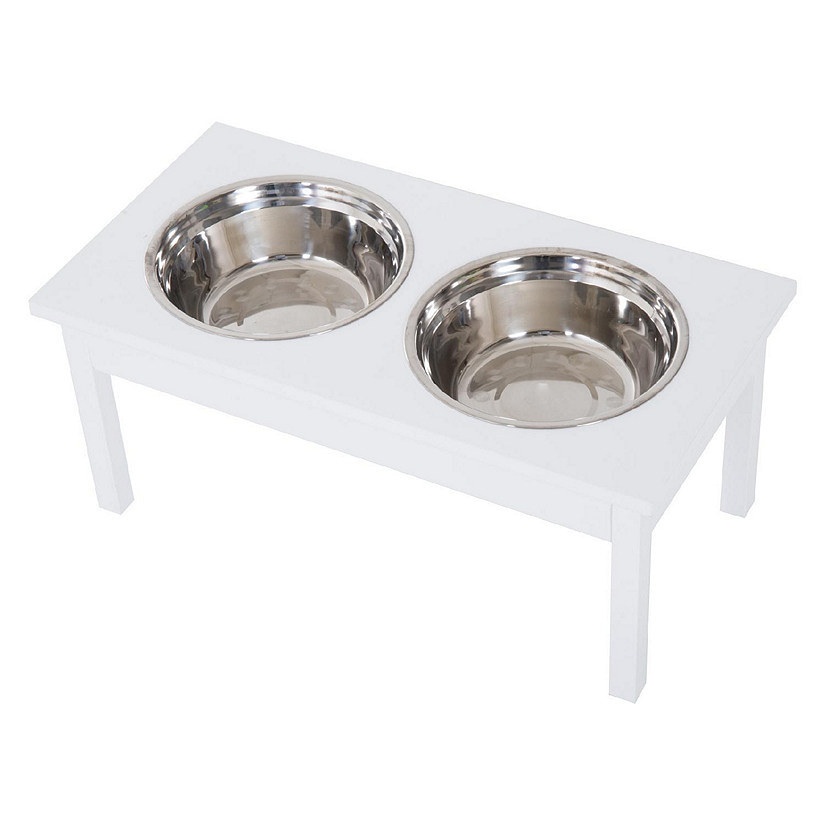 PawHut Double Bowl Wooden Stand Pet Feeder Elevated Base Cat Puppy