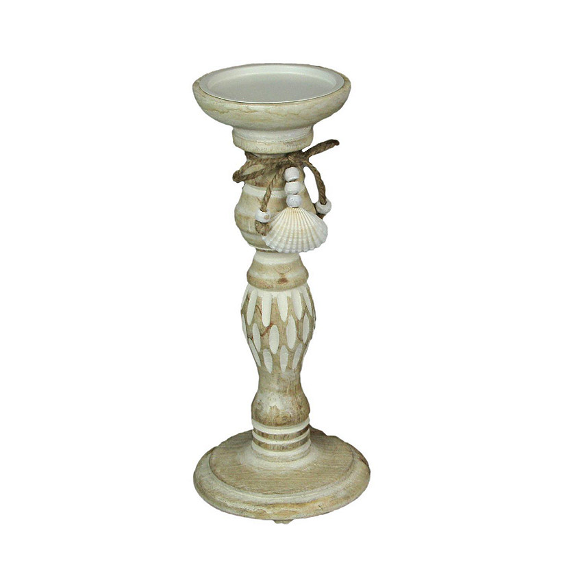 PD Home & Garden 11 Inch Wood Pedestal Candle Holder Rustic White Washed Pillar With Sea Shells Image