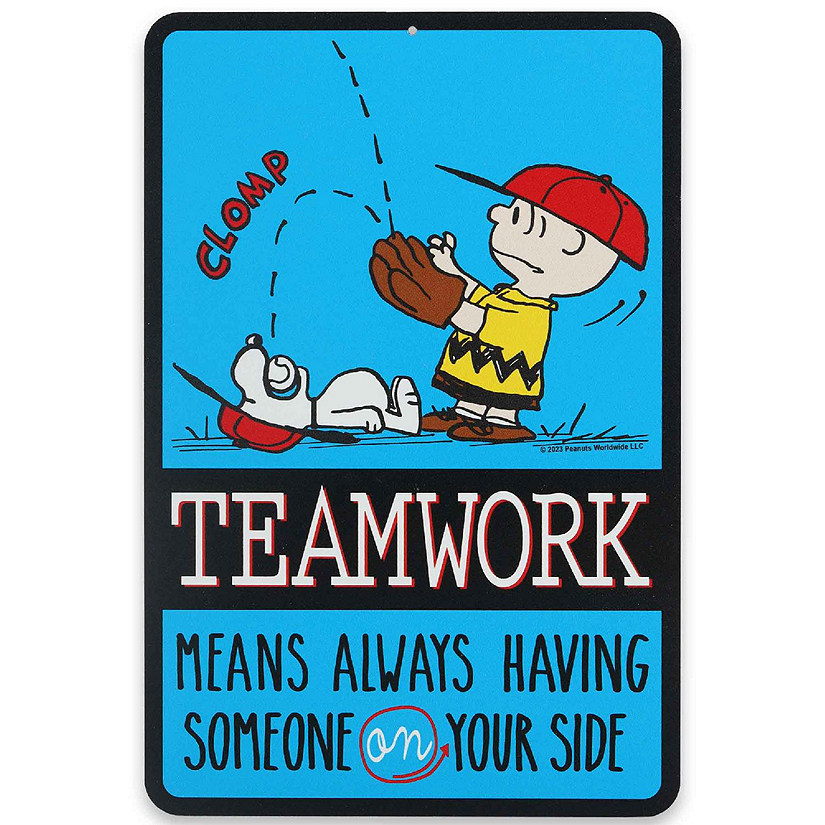 Peanuts 11x7 Peanuts Charlie Brown & Snoopy Teamwork Baseball Metal Sign Image