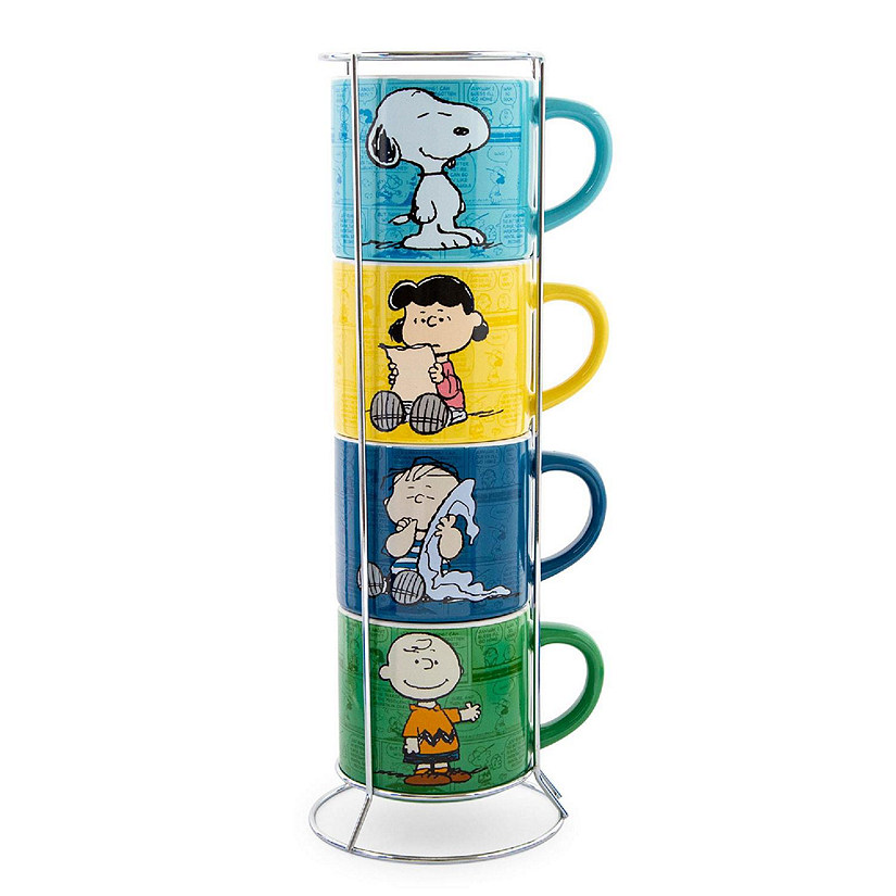 Peanuts Characters Ceramic Stacking Mug Set With Rack  Each Holds 10 Ounces Image