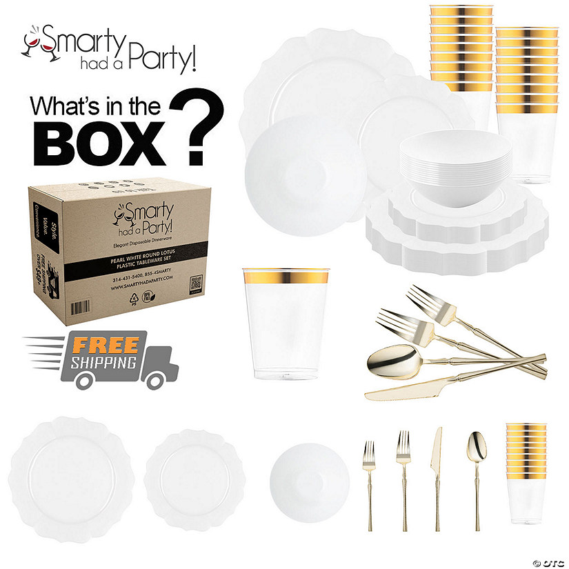 Pearl White Round Lotus Plastic Tableware Set - (60 Settings) Image