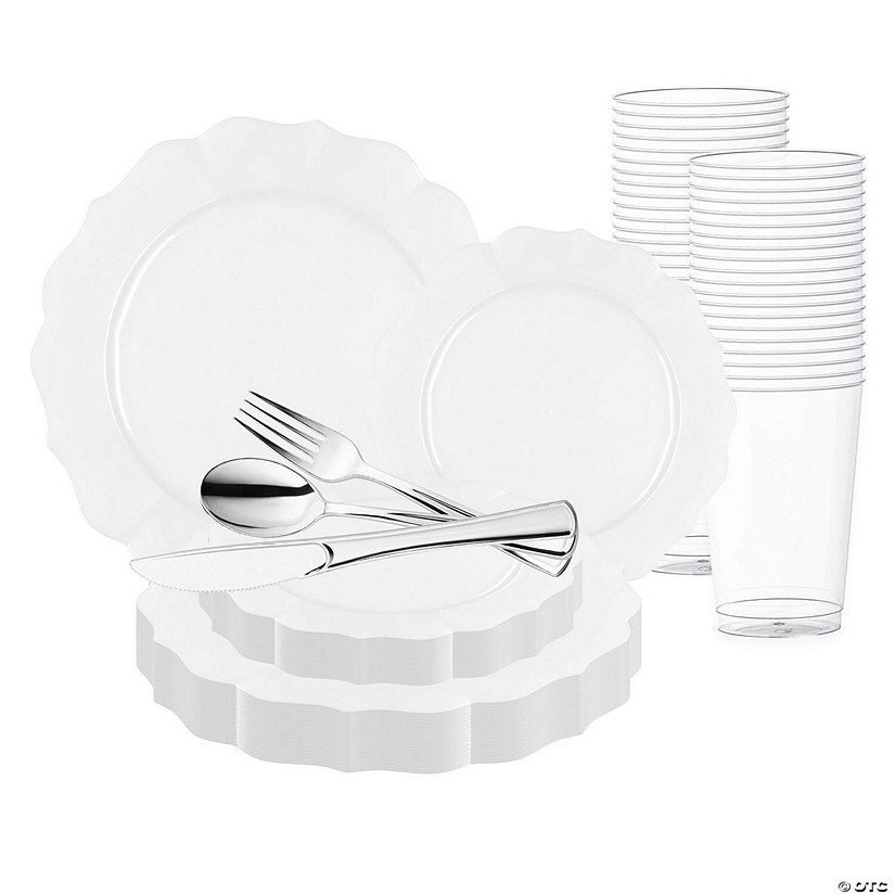 Pearl White Round Lotus Plastic Wedding Value Set - (20 Settings) Image