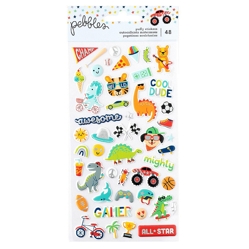Pebbles Cool Boy Puffy Stickers 48/Pkg-Icons, Silver Foil Image