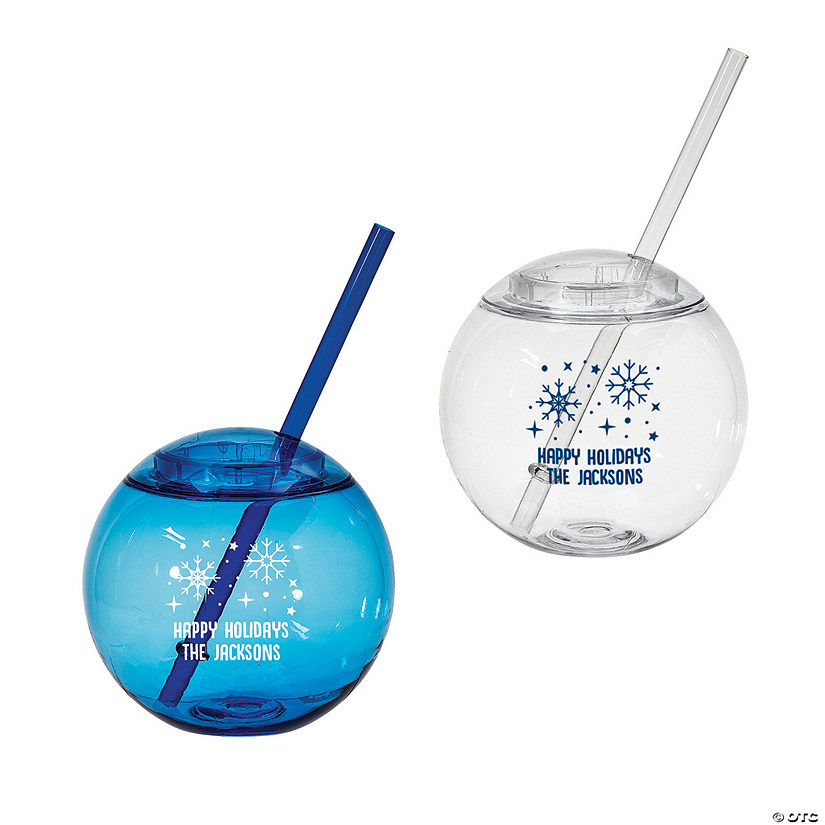 Personalized Winter Holidays Round Cups with Lids & Straws 25 Pc