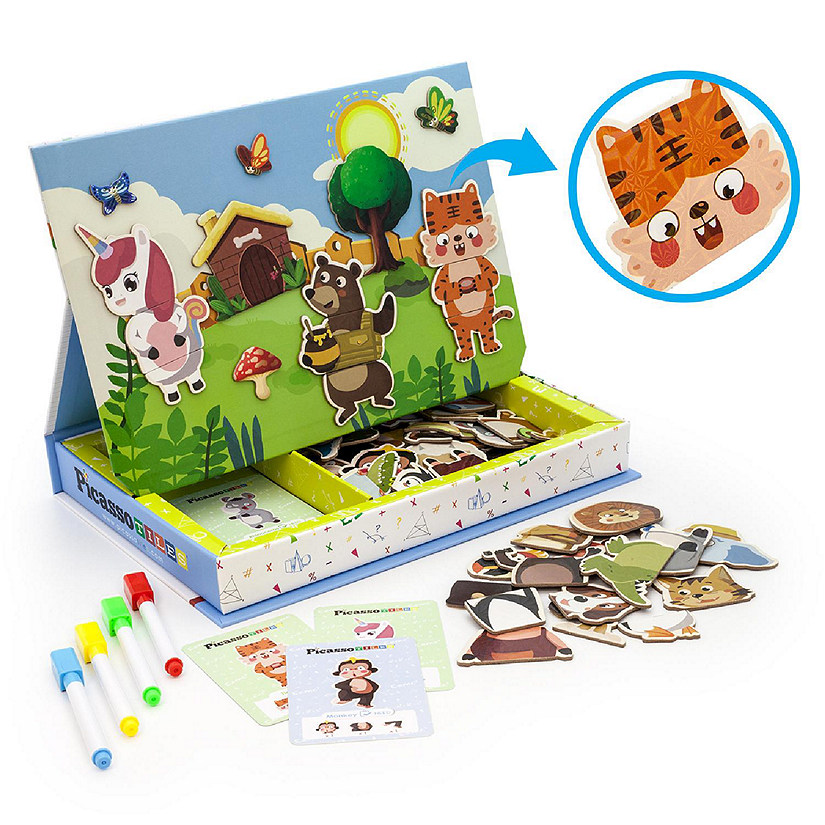 Picassotiles 112 Piece Magnetic Mix and Match Animal Board Games and Drawing Board Set, PTD03 Image