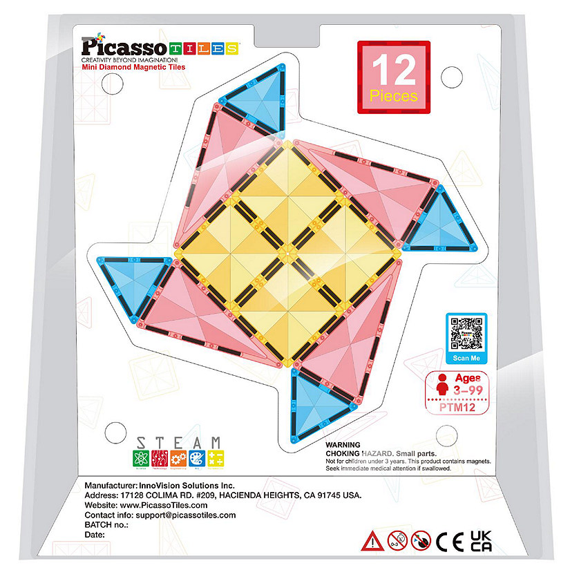 PicassoTiles 12pc Magnet Tile Building Blocks Mini Diamond Series, Sensory Toy Image