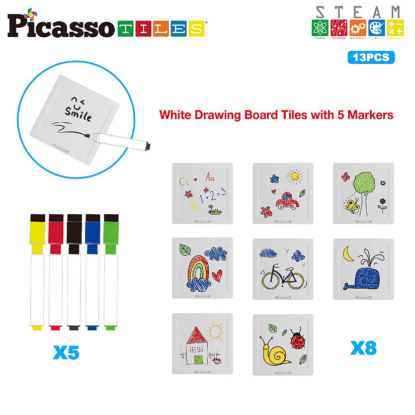 PicassoTiles 13 Piece Canvas Tiles Whiteboard Magnetic Building Tiles & 5 Marker Pens PTE14 Image
