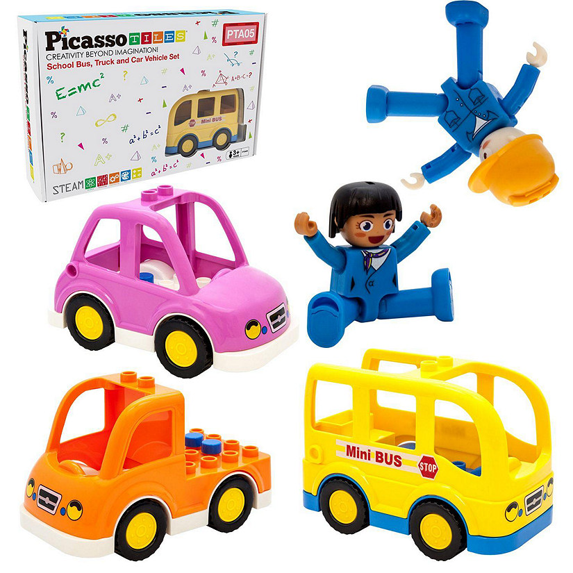 PicassoTiles 5 Piece Vehicle Character and Action Figure Expansion Set for Ages 3+, Multicolor Image
