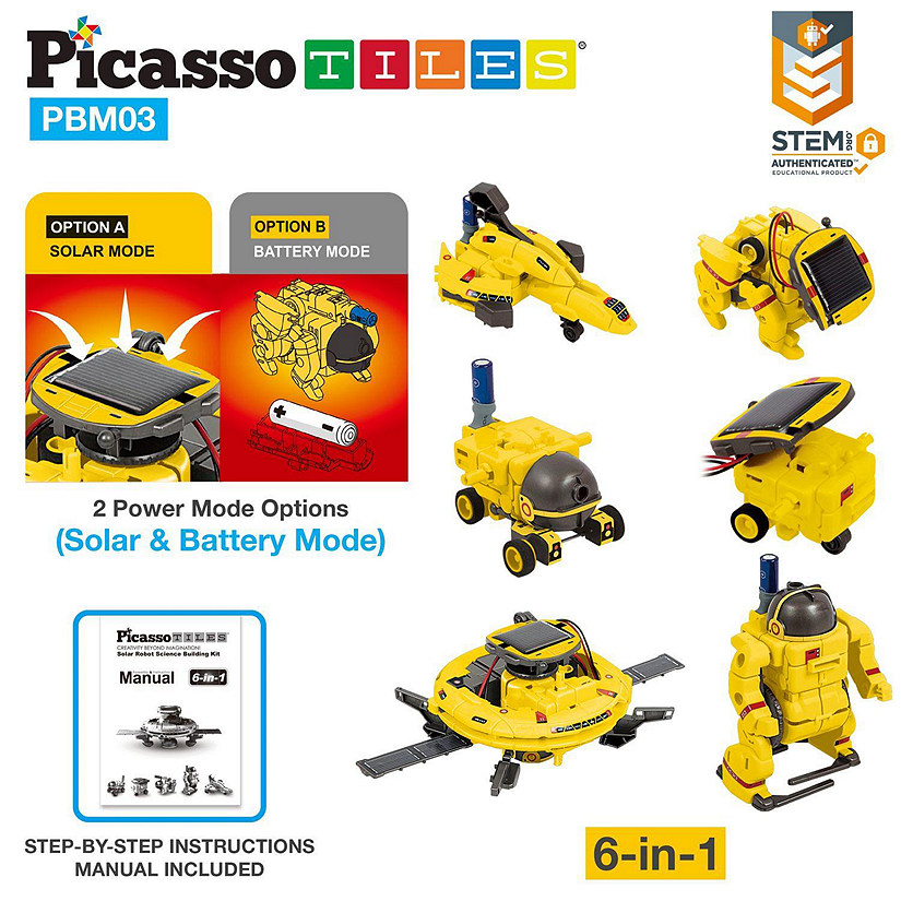PicassoTiles - 6-in-1 STEM Kids Solar Powered UFO Robot Image