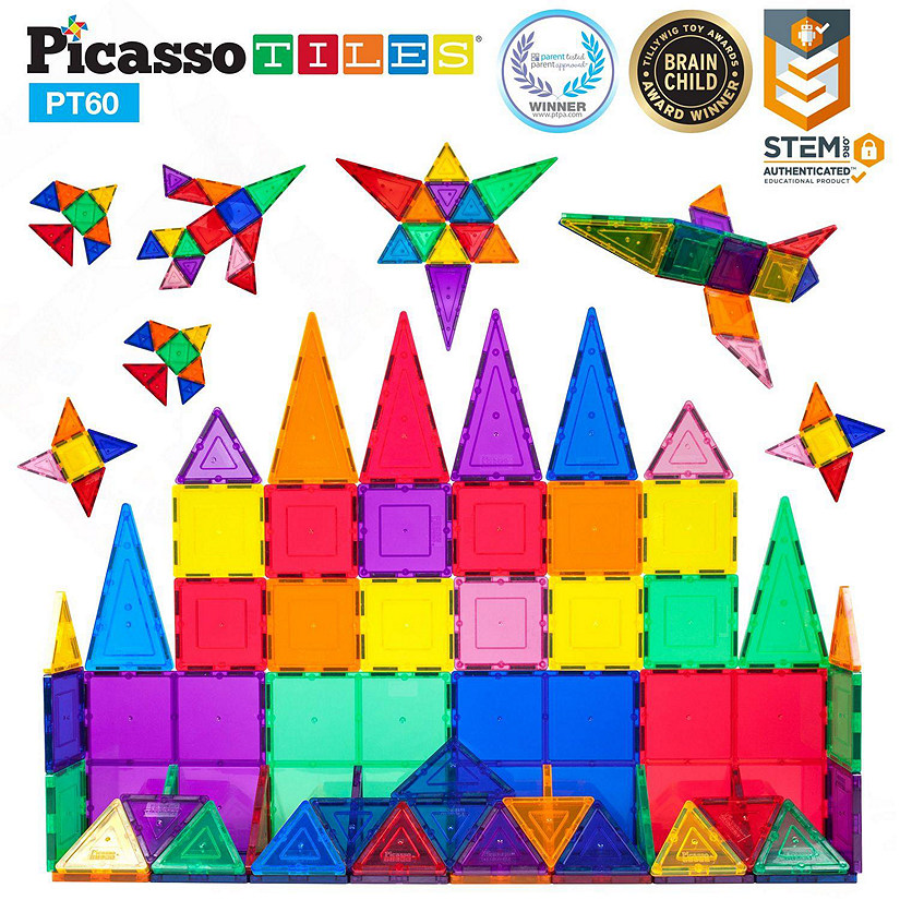 PicassoTiles 60 Piece Clear 3D Magnetic Building Blocks Tiles Set
