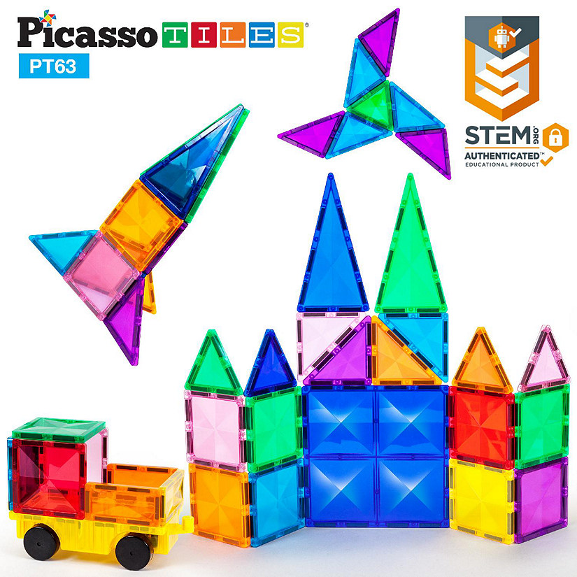 PicassoTiles 63 Piece Magnetic Building Block Set with Car Truck