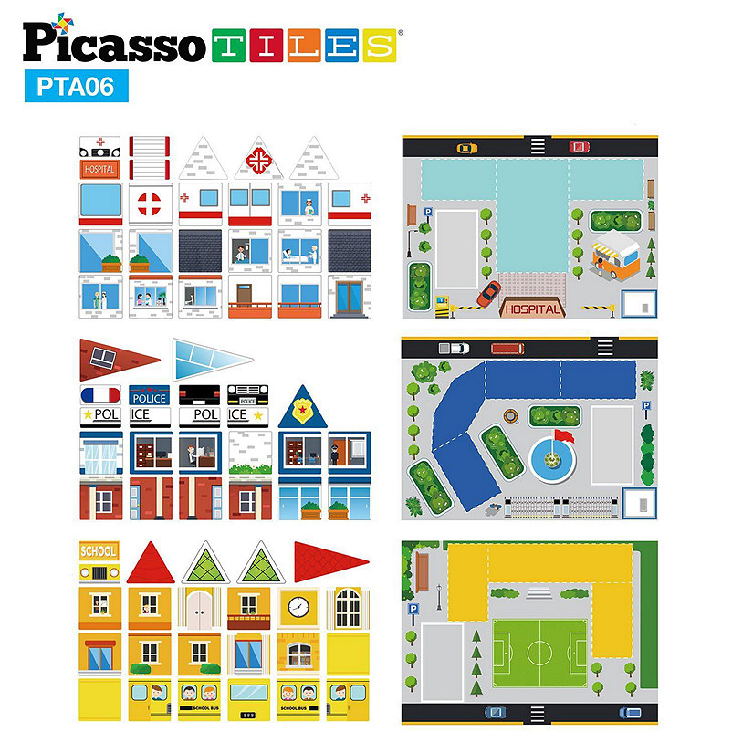 PicassoTiles - 80pc School, Hospital, and Police Station Theme Set PTA06 Image
