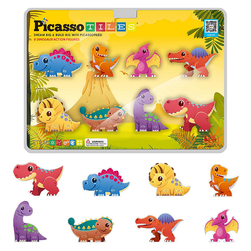 Picassotiles 8pc Magnet Tiles Building Blocks 8 Dinosaur Magnetized Action Figures - PTA23 Image