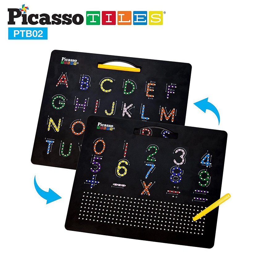 PicassoTiles - Double Sided 12"x10" Large Magnetic Drawing Board with Letters and Numbers PTB02-BLK Image