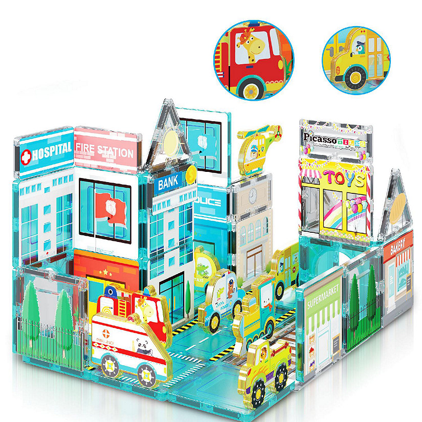 PicassoTiles Magnetic Tiles Building Construction Blocks Metro City Town with 8 Magnet Car Vehicle Character Action Figures PTQ14 Image