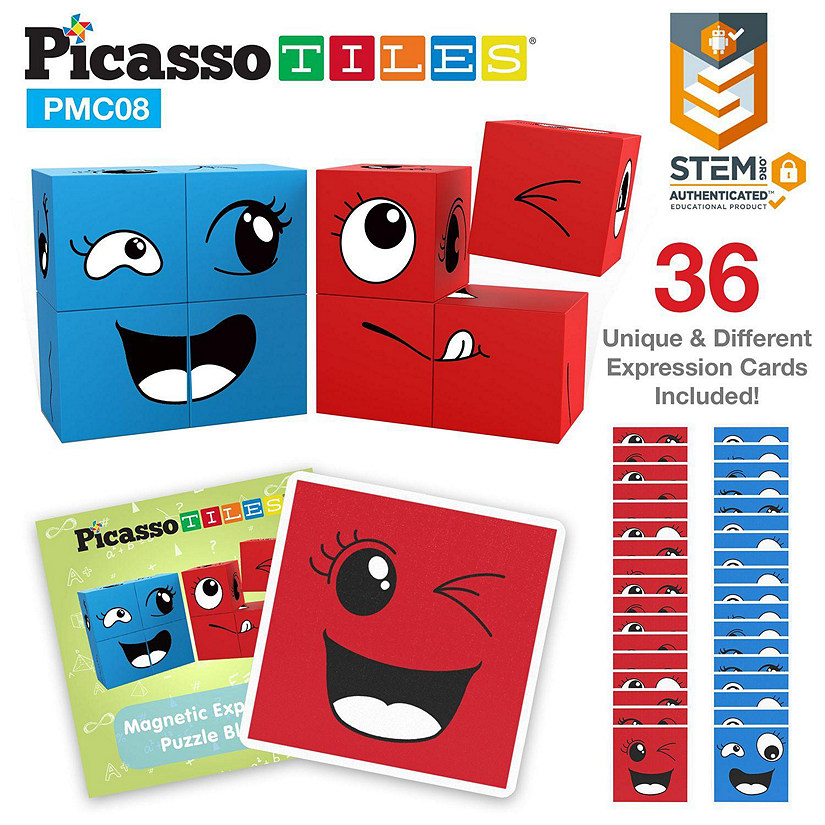 PicassoTiles - Mix and Match 8 Piece Magnetic Emoticon Puzzle Cube Set PMC08 Image