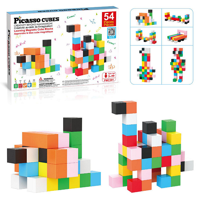 PicassoTiles PMC301 Magnet Cube Building Blocks 54 Pieces 1.2" Magnetic Cubes Toy Image