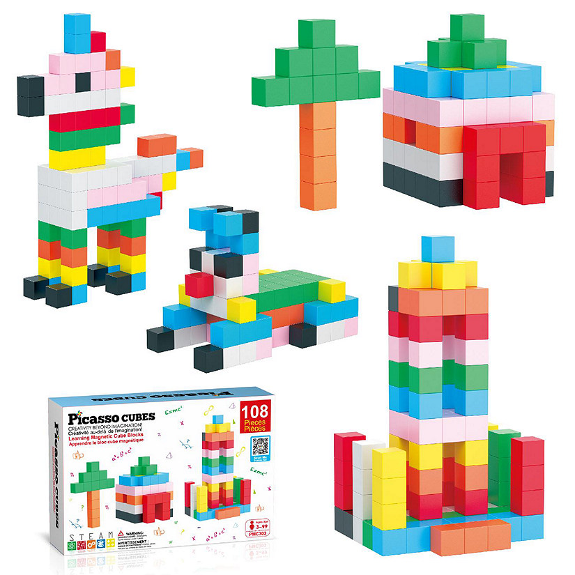 PicassoTiles PMC303 Magnet Cube Building Blocks 108 Pieces 1.2" Magnetic Cubes Toy Image