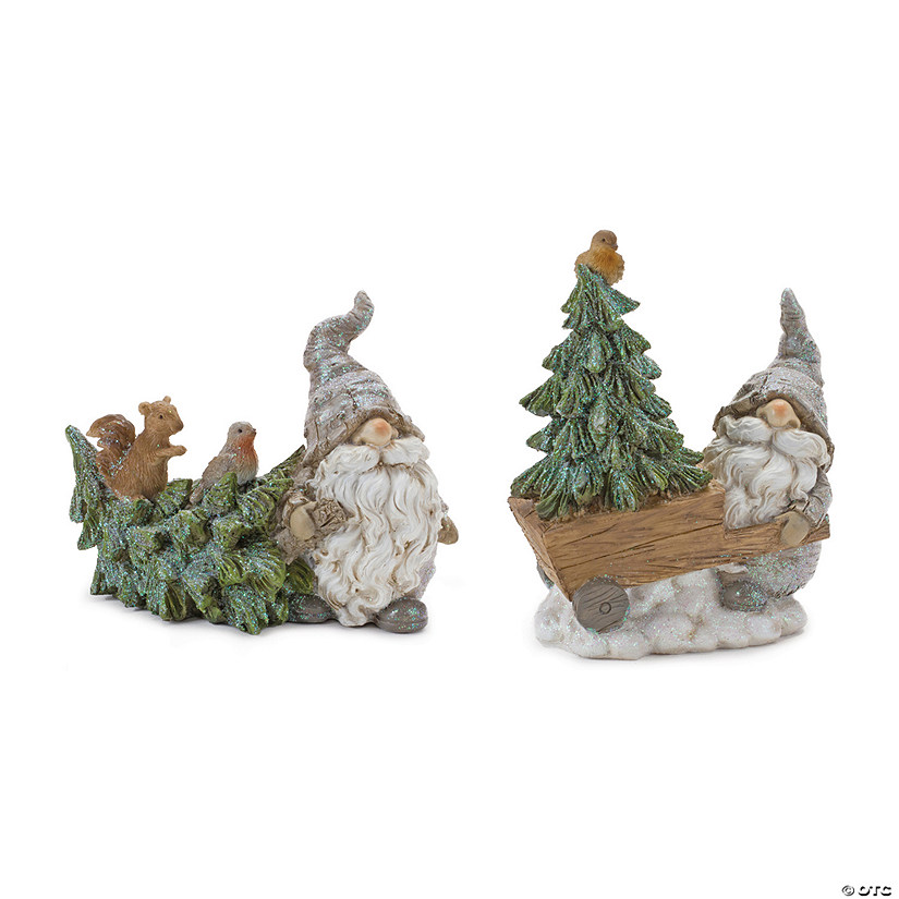 Pine Tree Trunk Gnome With Woodland Animals (Set Of 2) 5.75"L X 4.5"H, 5.5"L X 6.75"H Resin Image