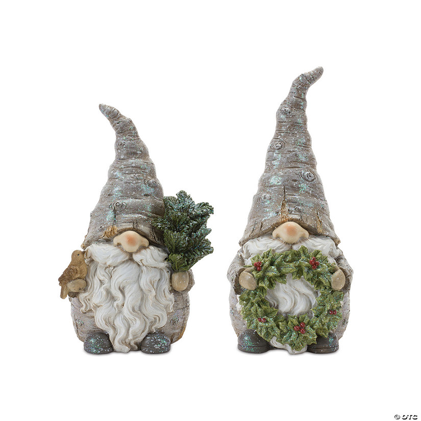 Pine Tree Trunk Gnome With Wreath Accent (Set Of 2) 8.5"H, 9.75"H Resin Image
