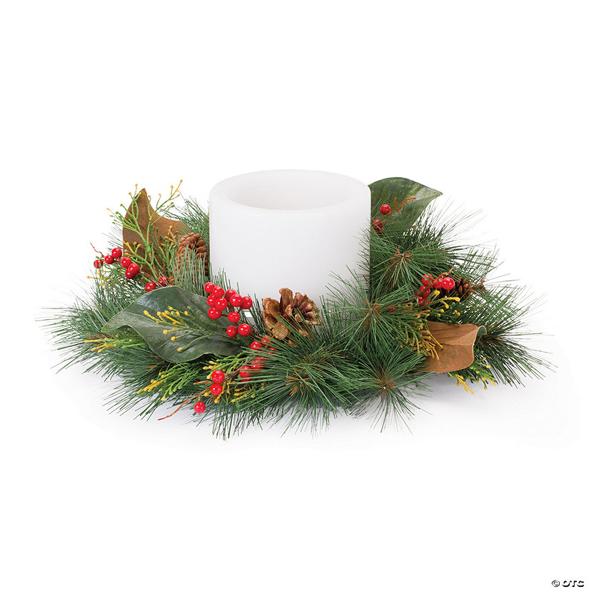 Pine W/Magnolia Leaf & Berry Candle Ring (Set Of 2) 16"D Pvc (Fits A 6" Candle) Image