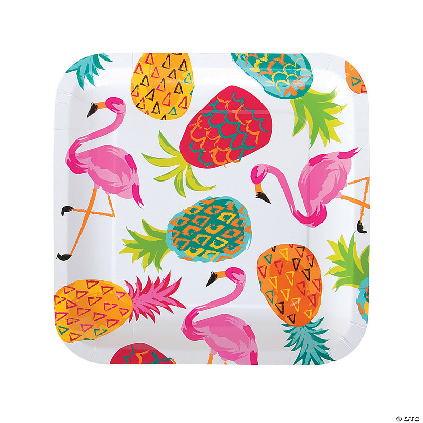 Pineapple & Flamingo Tropical Party Square Paper Dinner Plates - 8 Ct. Image
