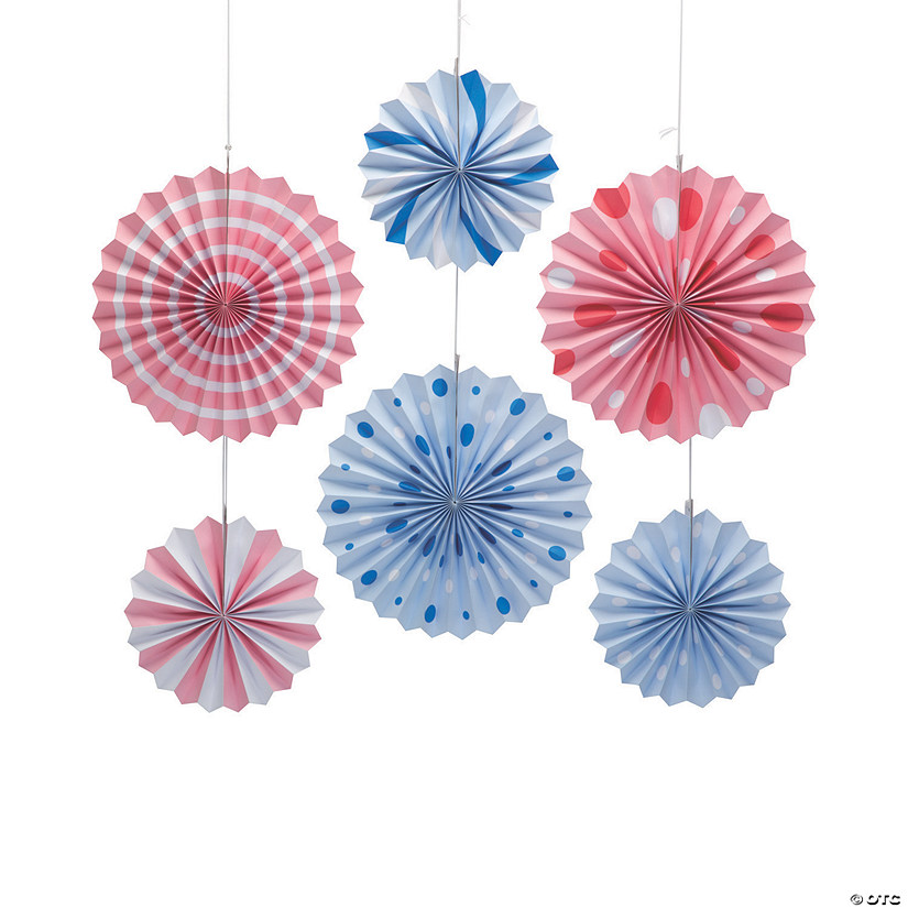 Pink and Blue Paper Hanging Fans - 6 Pc. Image