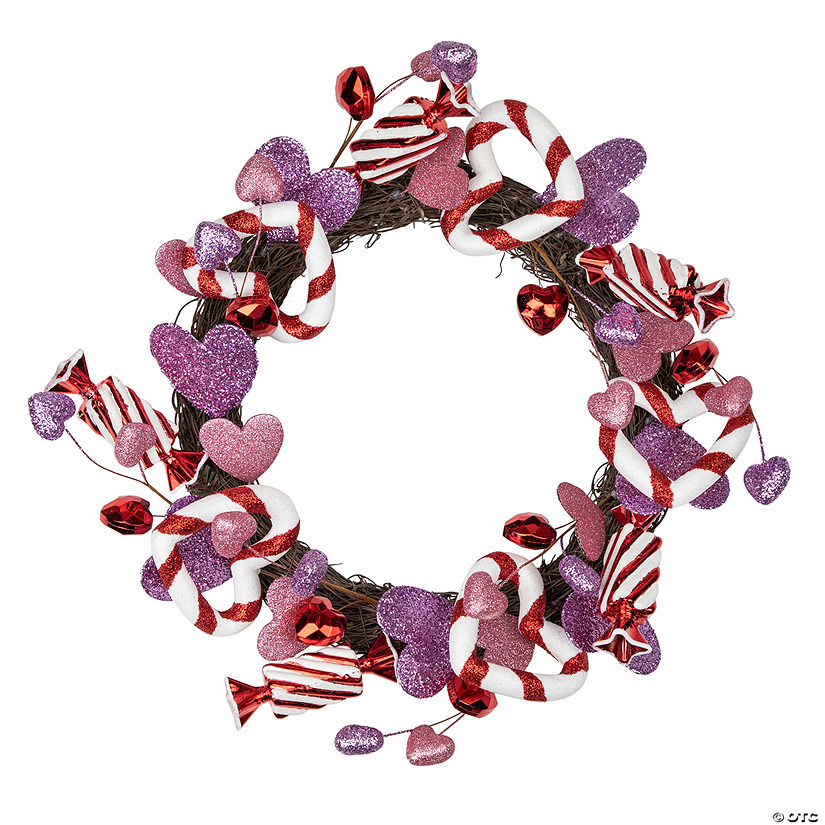 Pink and Purple Candies and Hearts Valentine's Day Wreath  16-Inch  Unlit Image