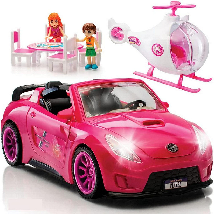 Pink Convertible 2-Seater Vehicle Doll Accessories with Lights and Sounds 10 Pc - Toy Car Includes Helicopter Doll, 2 Figurines, Dining Table Set Image