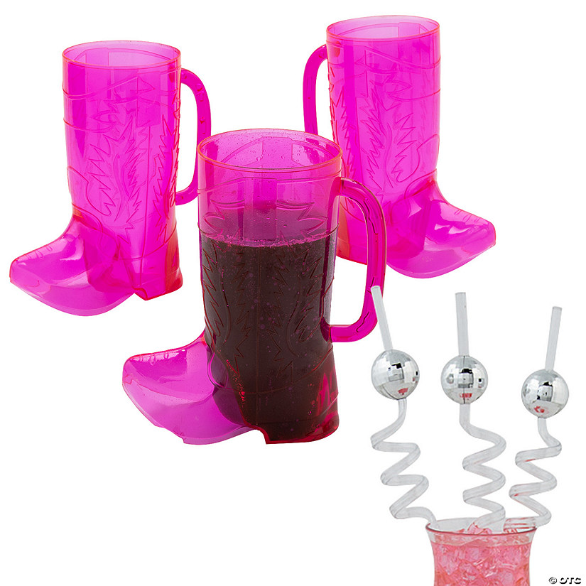 Pink Cowboy Boot Mug & Disco Ball Silly Straw Kit for 12 Image