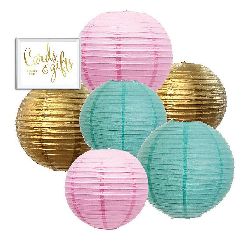 Pink, Diamond Blue, Gold Paper Lanterns Image
