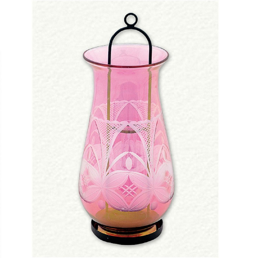 Pink Etched Egyptian Blown Glass Candle Holder Oil Burner Lantern Made Egypt Image