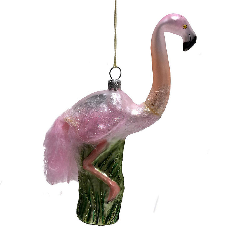 Pink Flamingo with Feather Tail Polish Glass Christmas Tree Ornament Bird Image
