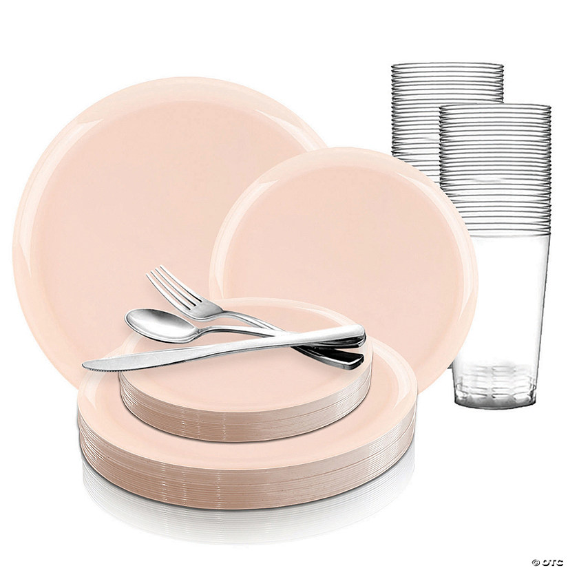 Pink Flat Round Disposable Plastic Dinnerware Value Set (120 Settings) Image