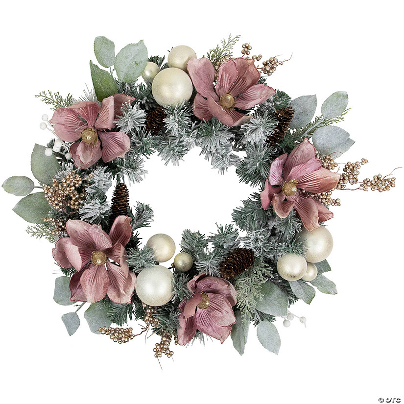 Pink Floral and Ball Ornament Frosted Pine Artificial Christmas Wreath  24-Inch  Unlit Image
