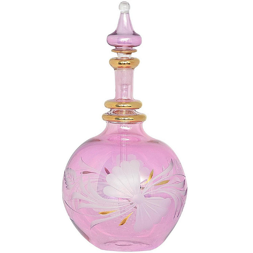 Pink Flower Etched Round Full Size Egyptian Glass Perfume Bottle Made in Egypt Image